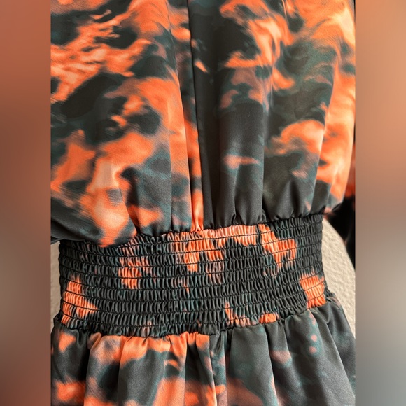 Camila Coelho Amelia Romper in Orange Teal Tie Dye Black XS Satin Kimono Sleeve - Picture 4 of 16
